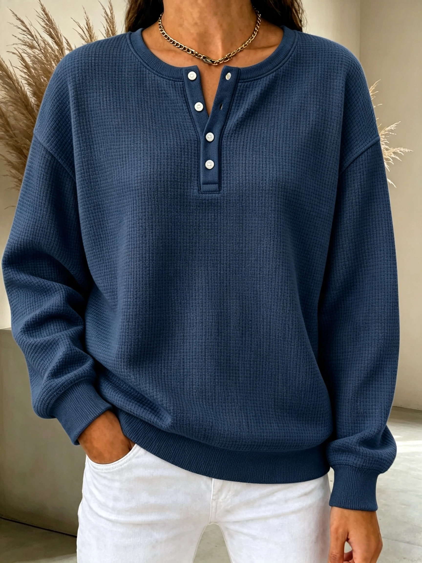 CLEARANCE SALE🔥Women's Waffle Knit Henley Sweatshirt