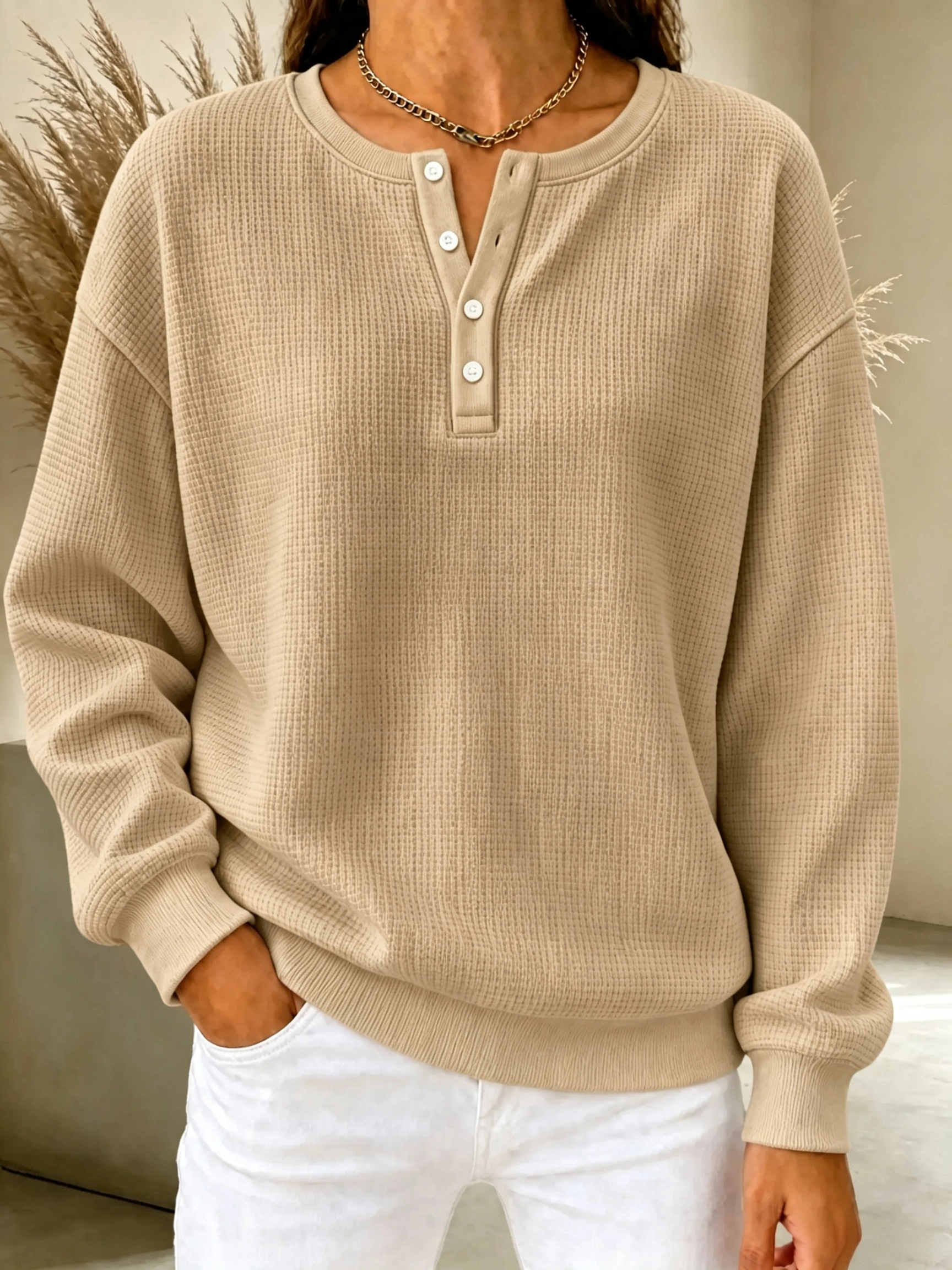 CLEARANCE SALE🔥Women's Waffle Knit Henley Sweatshirt