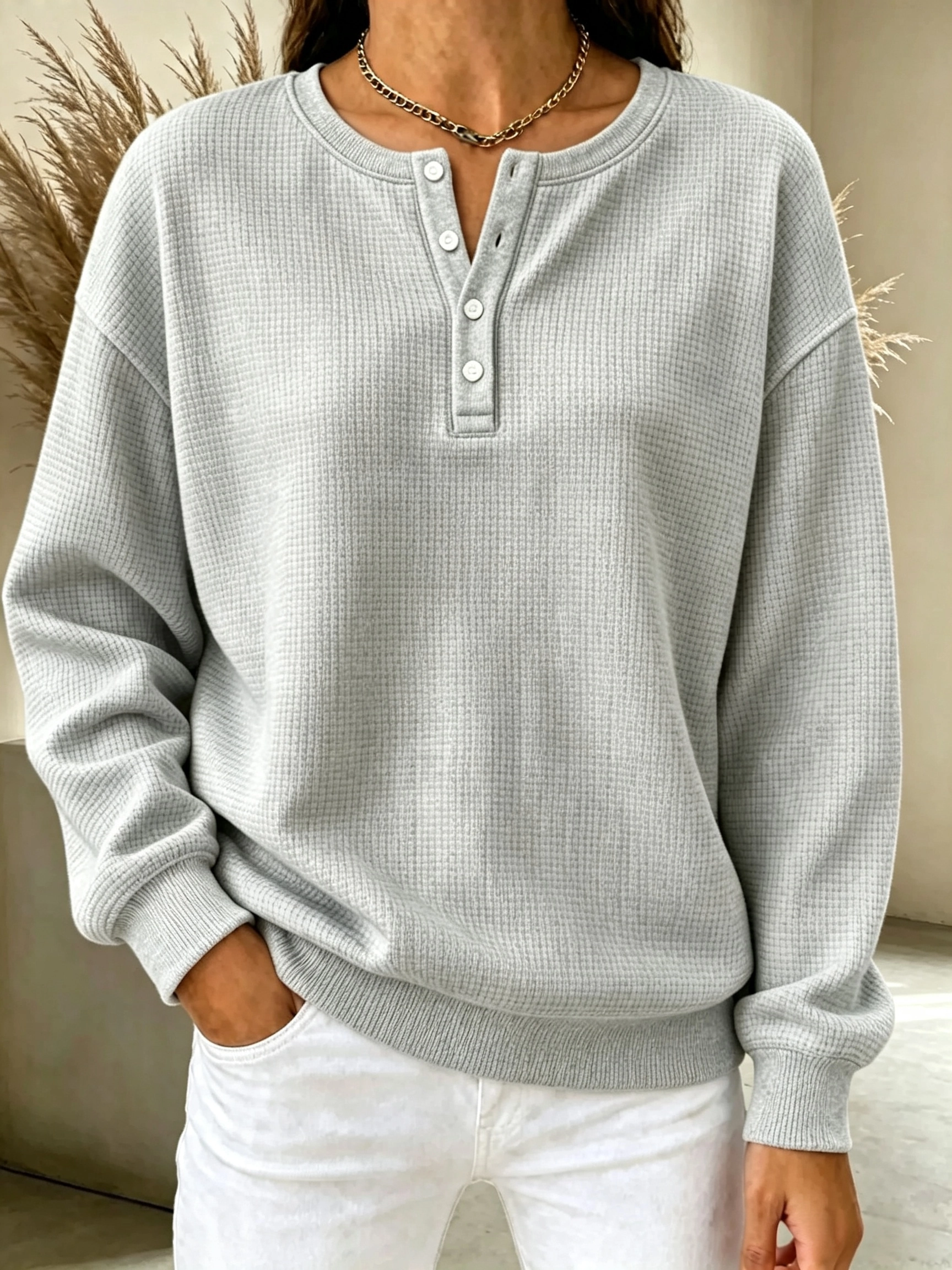 CLEARANCE SALE🔥Women's Waffle Knit Henley Sweatshirt