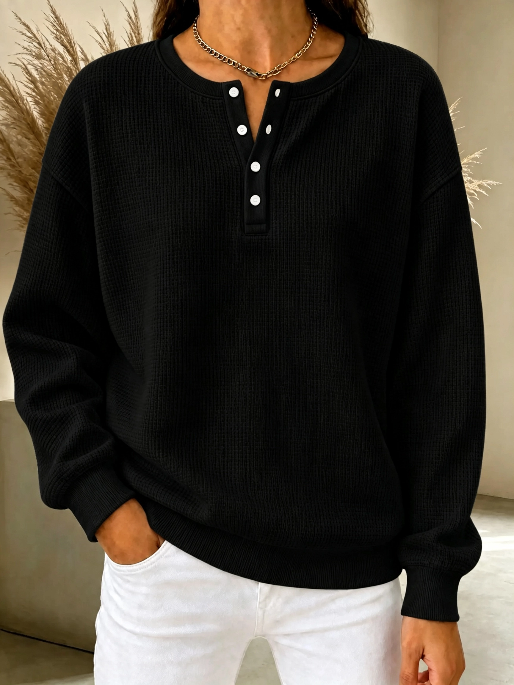 CLEARANCE SALE🔥Women's Waffle Knit Henley Sweatshirt