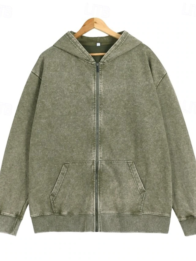 Women's Cotton Vintage wash Zip Up Hoodies Plain Active Vintage Casual Long Sleeve Hooded Regular Tops