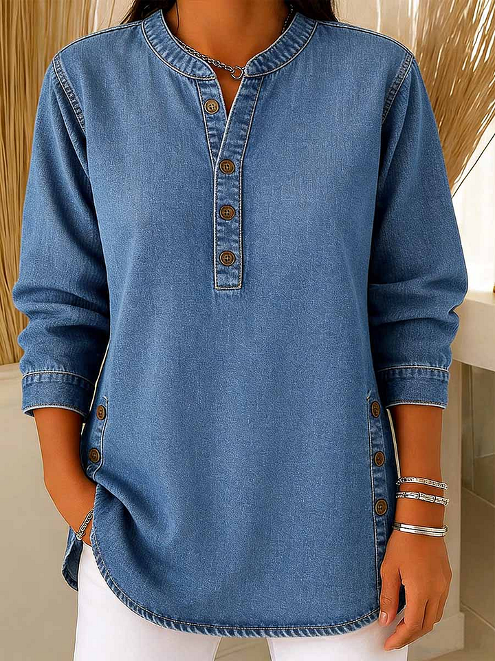 Women's Retro V-neck Long-sleeved Casual Button-up Loose Denim Top
