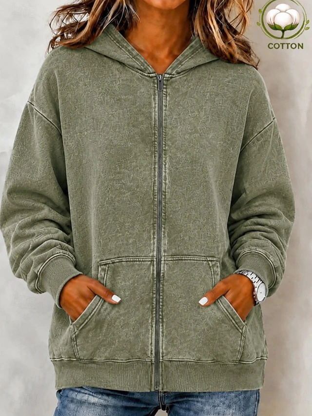 Women's Cotton Vintage wash Zip Up Hoodies Plain Active Vintage Casual Long Sleeve Hooded Regular Tops