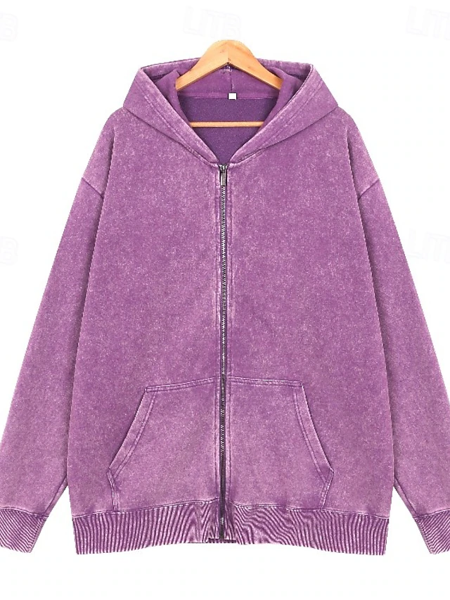 Women's Cotton Vintage wash Zip Up Hoodies Plain Active Vintage Casual Long Sleeve Hooded Regular Tops