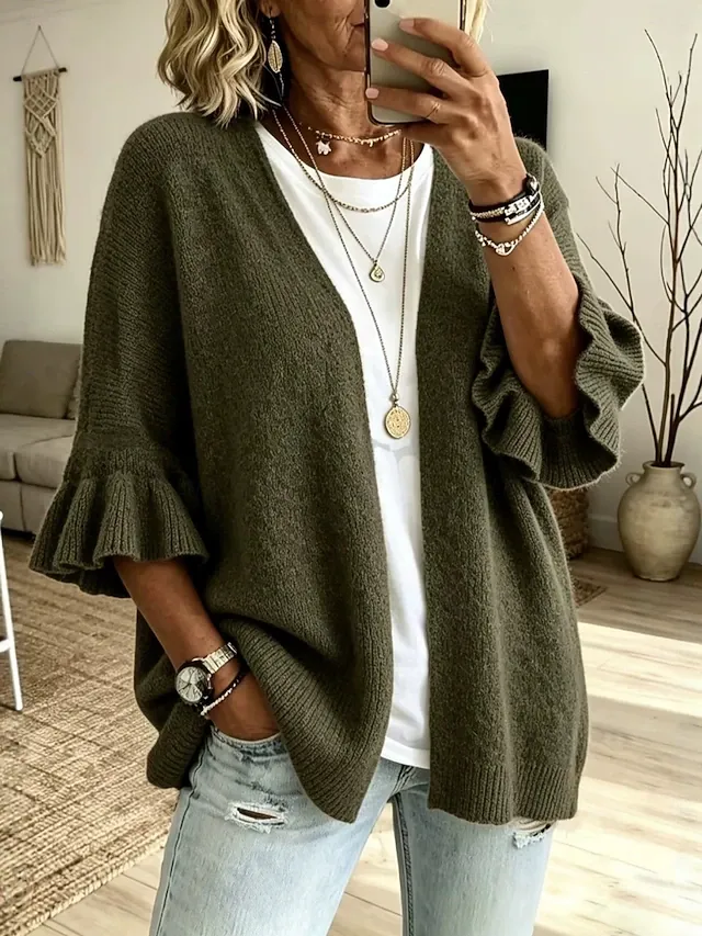 Women's Knit Cardigan Vintage Ribbed Open Front Ruffle Patchwork 3/4 Length Sleeve Regular Tops Knit Home Blue White Fall Winter