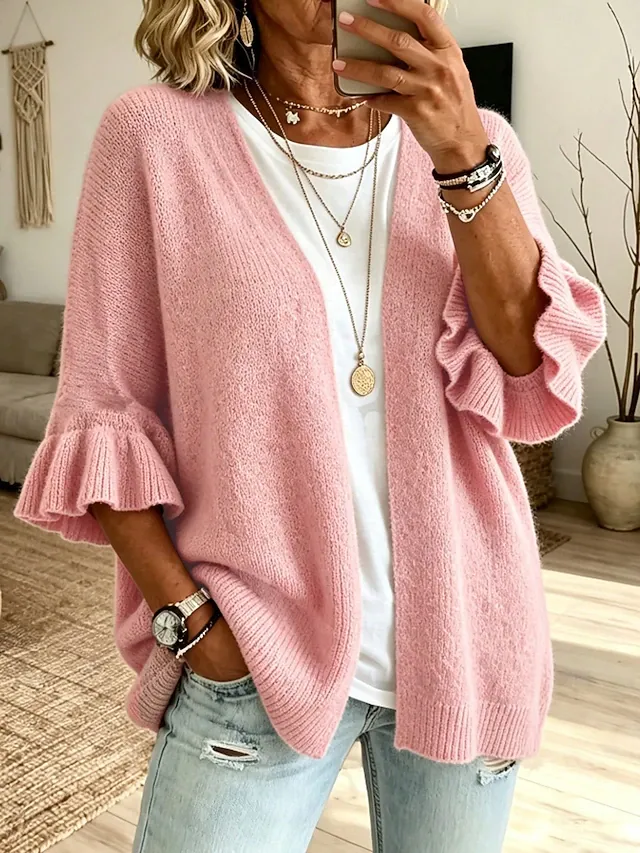 Women's Knit Cardigan Vintage Ribbed Open Front Ruffle Patchwork 3/4 Length Sleeve Regular Tops Knit Home Blue White Fall Winter