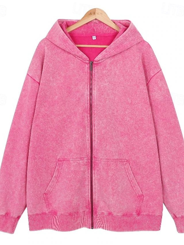 Women's Cotton Vintage wash Zip Up Hoodies Plain Active Vintage Casual Long Sleeve Hooded Regular Tops