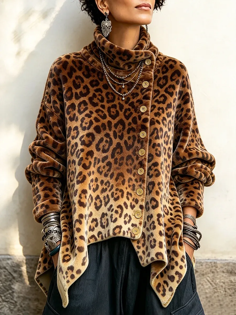 Women's Vintage Print High-neck Long-sleeve Loose-fit Velvet Top