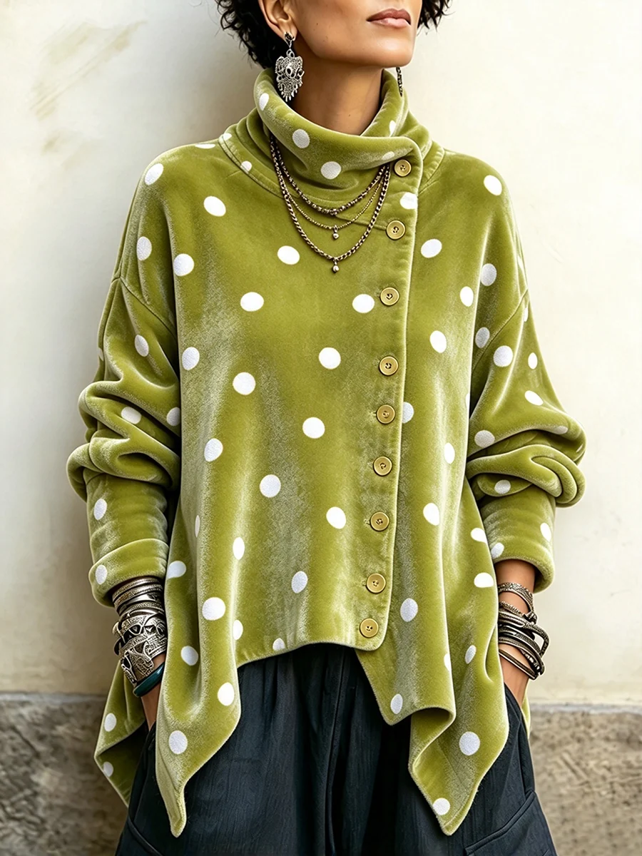 Women's Vintage Print High-neck Long-sleeve Loose-fit Velvet Top