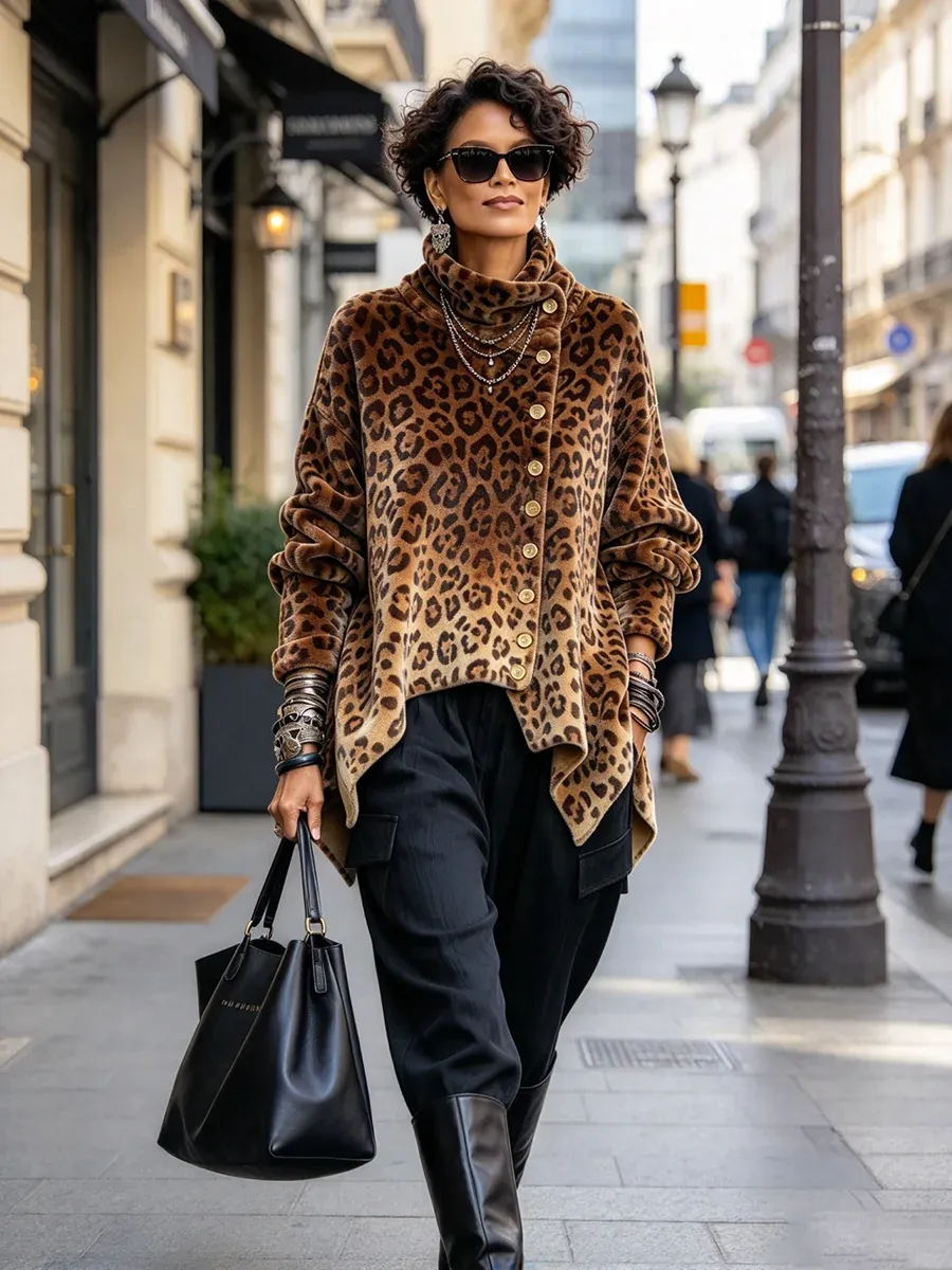 Women's Vintage Print High-neck Long-sleeve Loose-fit Velvet Top