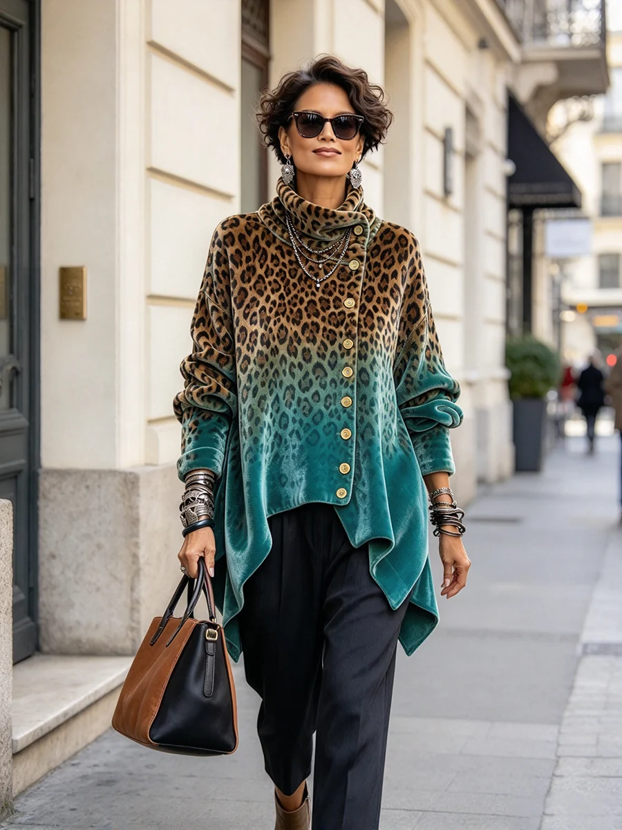 Women's Vintage Print High-neck Long-sleeve Loose-fit Velvet Top