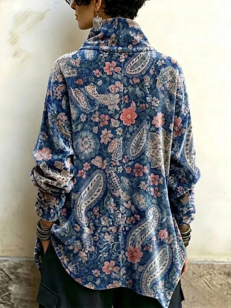 Women's Vintage Print High-neck Long-sleeve Loose-fit Velvet Top