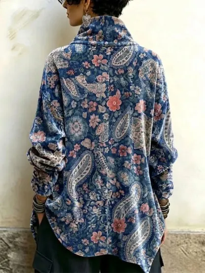 Women's Vintage Print High-neck Long-sleeve Loose-fit Velvet Top
