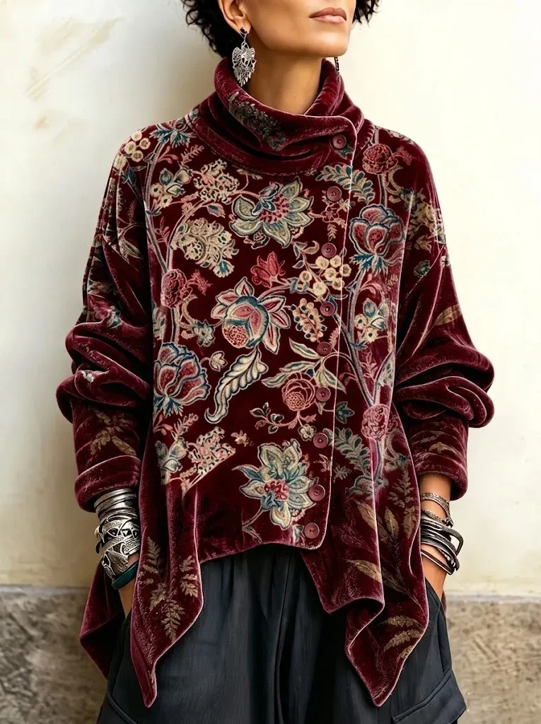 Women's Vintage Print High-neck Long-sleeve Loose-fit Velvet Top