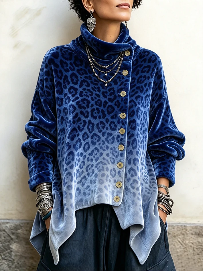Women's Vintage Print High-neck Long-sleeve Loose-fit Velvet Top
