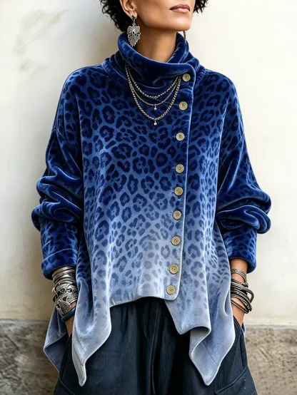 Women's Vintage Print High-neck Long-sleeve Loose-fit Velvet Top