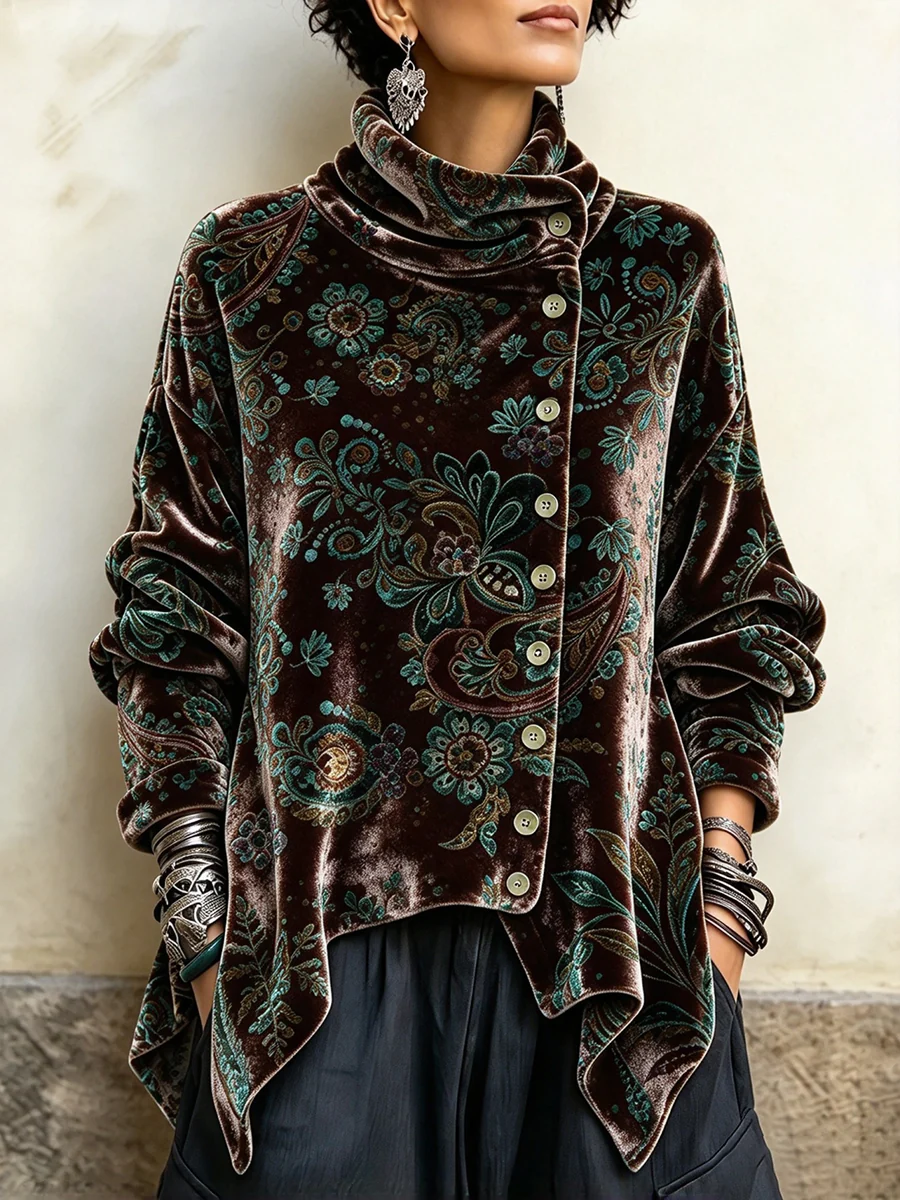Women's Vintage Print High-neck Long-sleeve Loose-fit Velvet Top