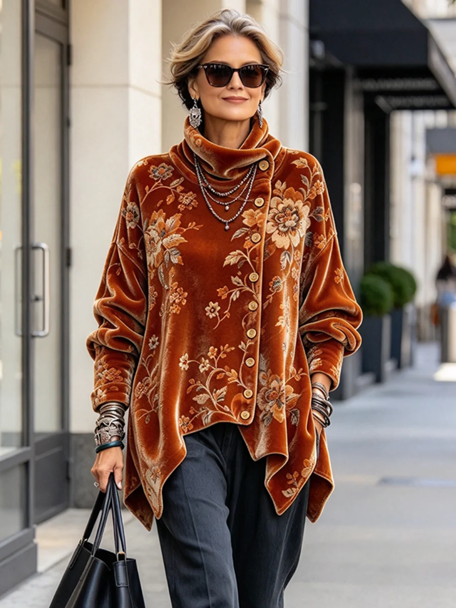Women's Vintage Print High-neck Long-sleeve Loose-fit Velvet Top