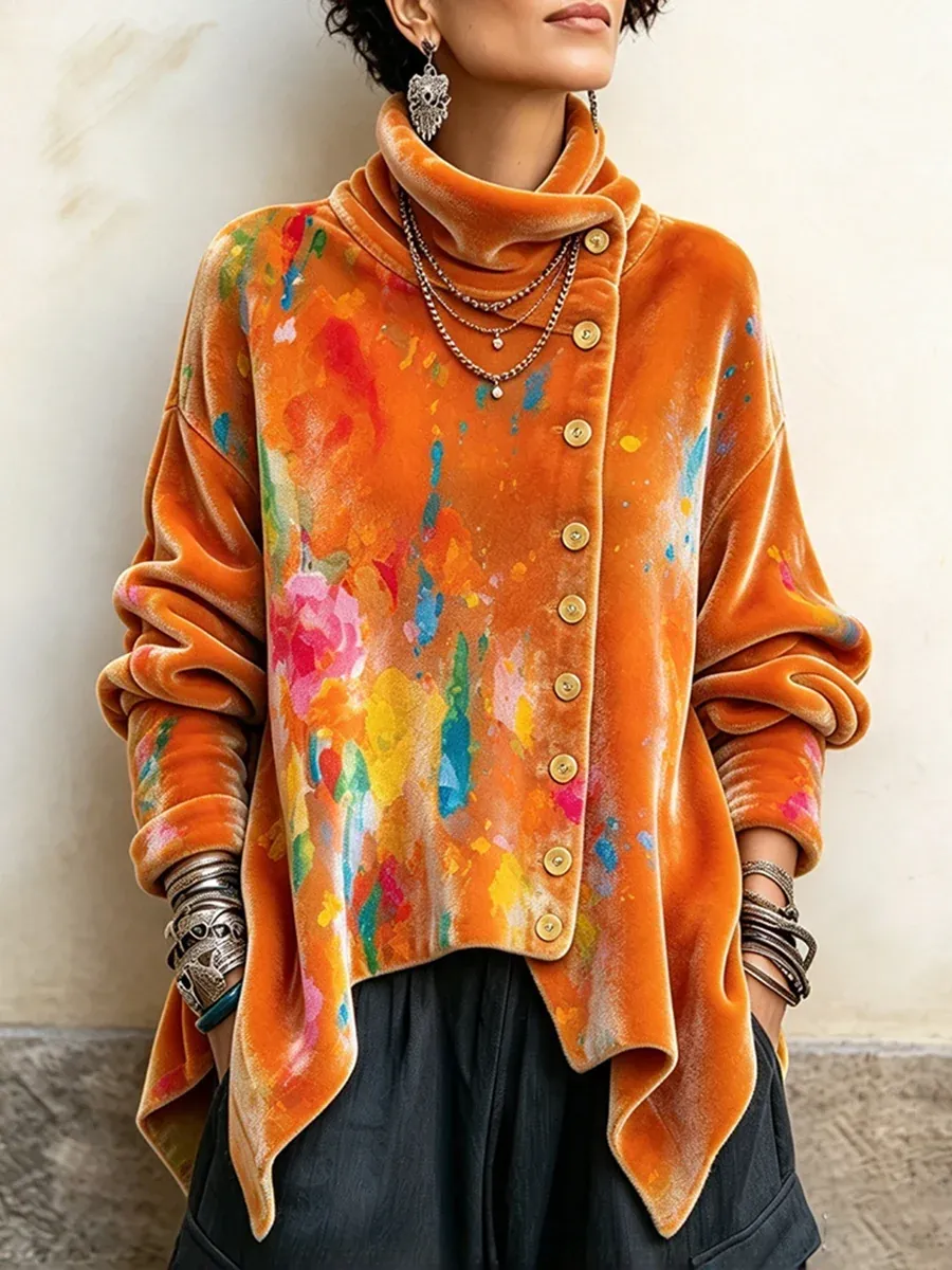 Women's Vintage Print High-neck Long-sleeve Loose-fit Velvet Top