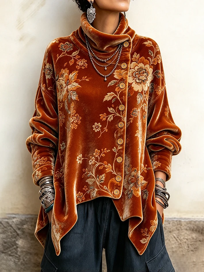 Women's Vintage Print High-neck Long-sleeve Loose-fit Velvet Top