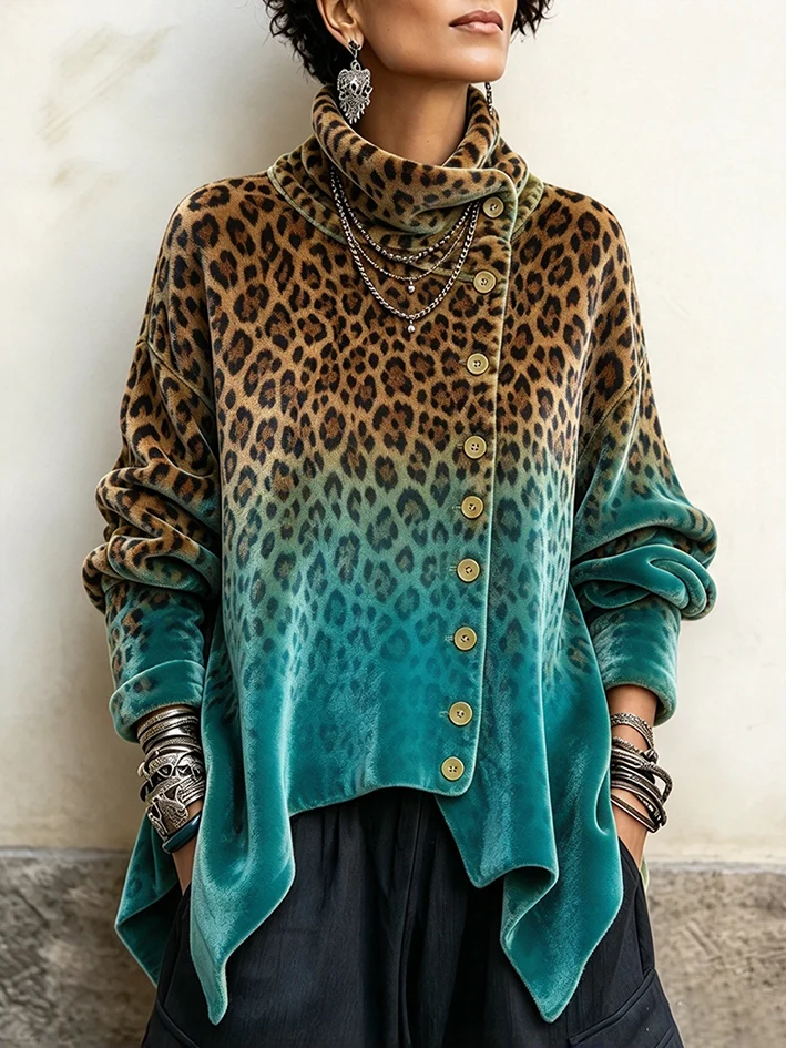 Women's Vintage Print High-neck Long-sleeve Loose-fit Velvet Top