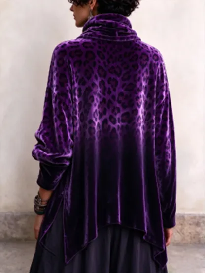 Women's Vintage Print High-neck Long-sleeve Loose-fit Velvet Top