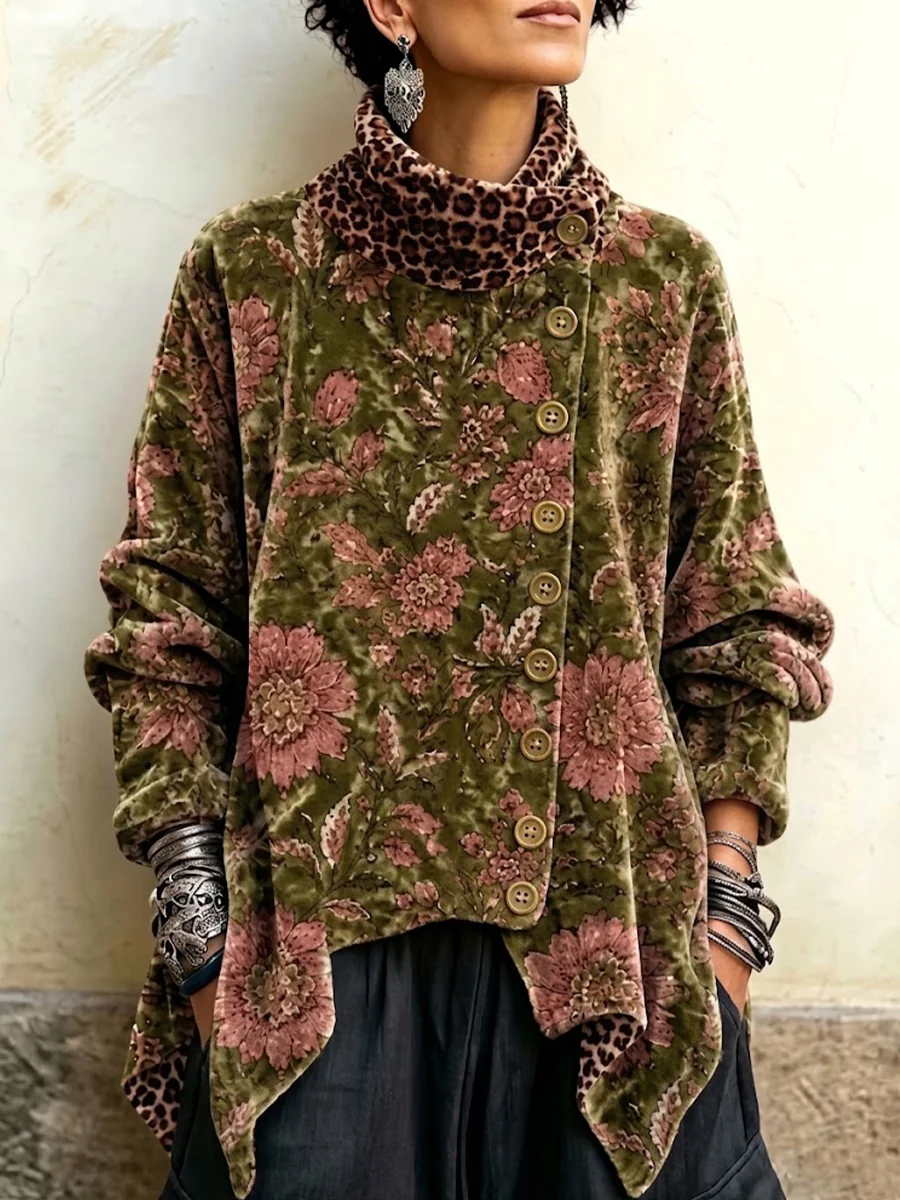 Women's Vintage Print High-neck Long-sleeve Loose-fit Velvet Top