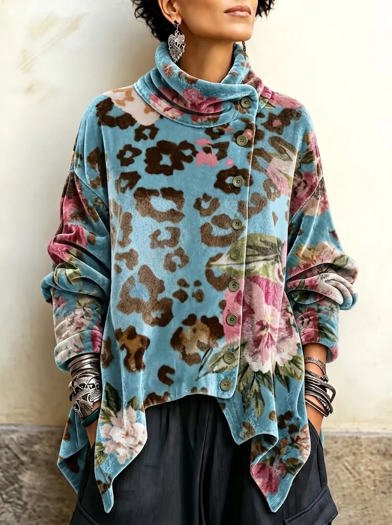 Women's Vintage Print High-neck Long-sleeve Loose-fit Velvet Top