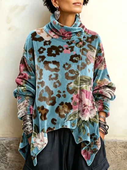 Women's Vintage Print High-neck Long-sleeve Loose-fit Velvet Top