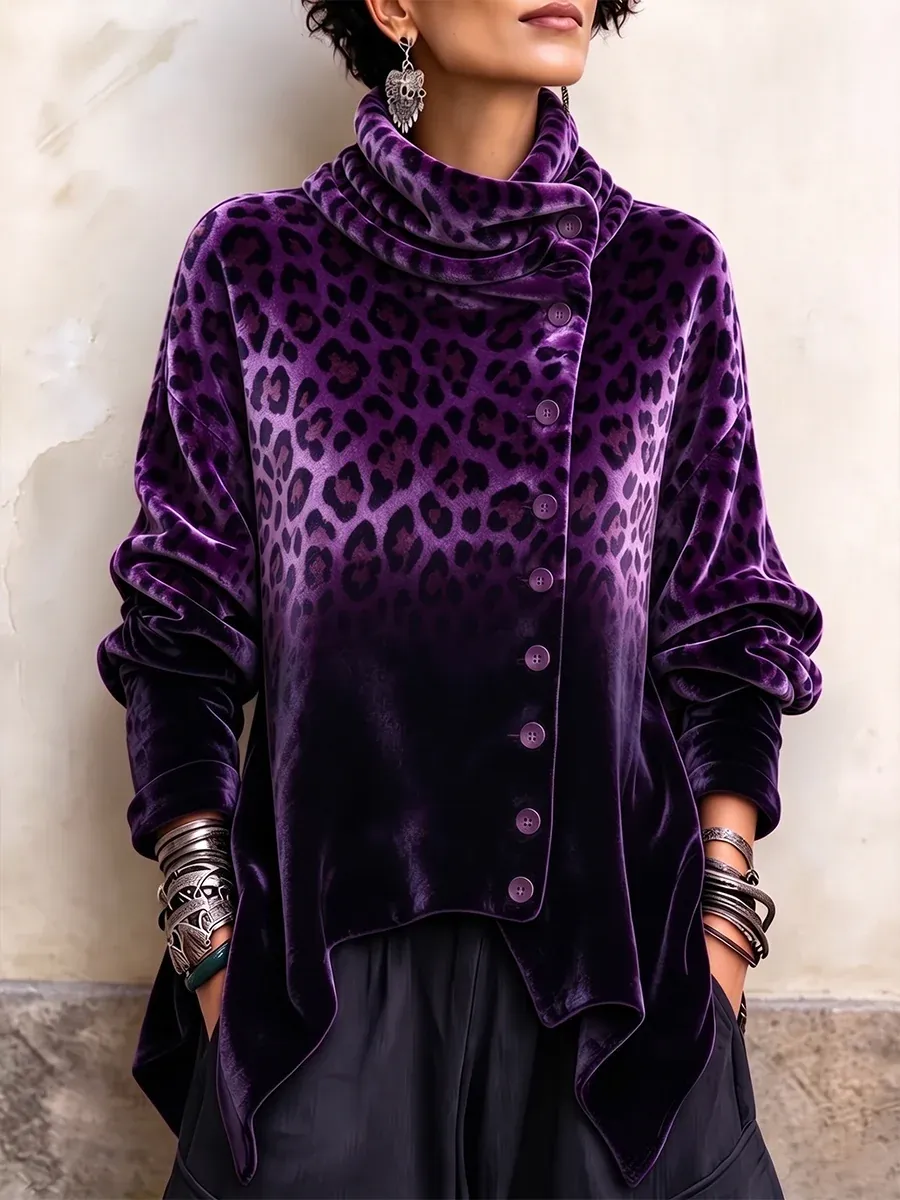 Women's Vintage Print High-neck Long-sleeve Loose-fit Velvet Top