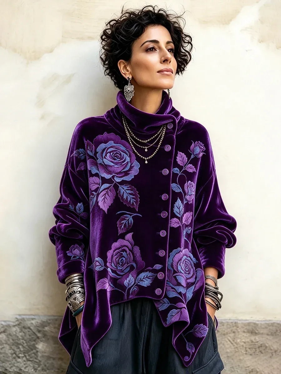 Women's Vintage Print High-neck Long-sleeve Loose-fit Velvet Top