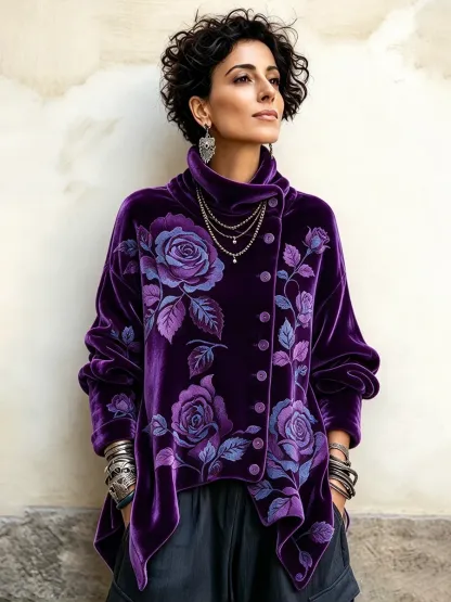 Women's Vintage Print High-neck Long-sleeve Loose-fit Velvet Top
