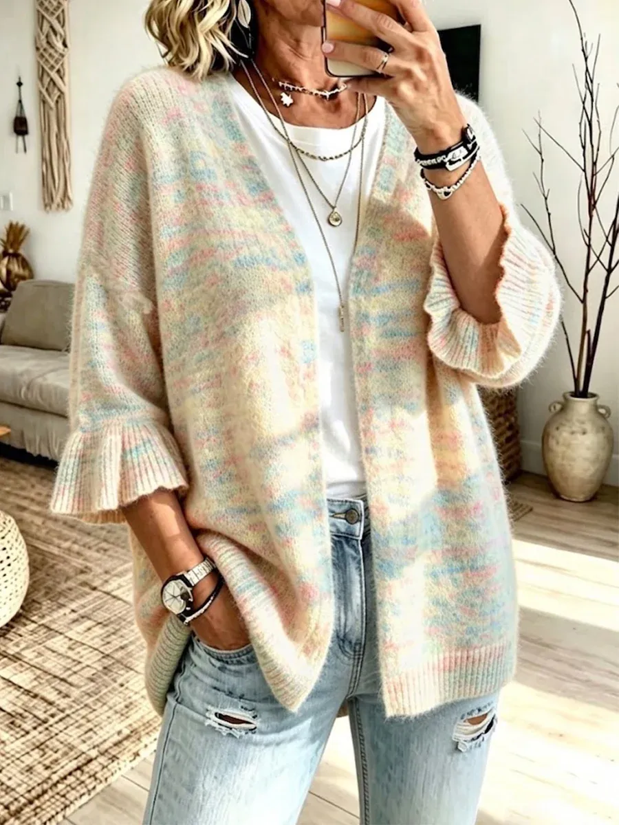Women's Knit Cardigan Vintage Ribbed Open Front Ruffle Patchwork 3/4 Length Sleeve Regular Tops Knit Home Blue White Fall Winter