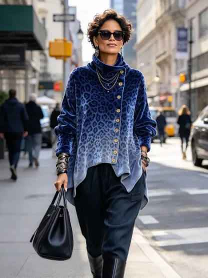 Women's Vintage Print High-neck Long-sleeve Loose-fit Velvet Top