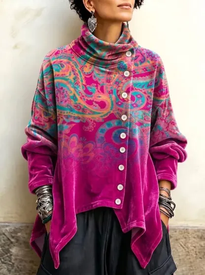 Women's Vintage Print High-neck Long-sleeve Loose-fit Velvet Top