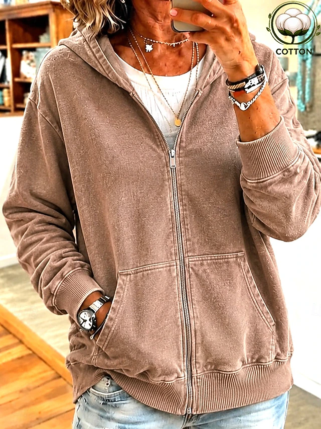 Women's Cotton Vintage wash Zip Up Hoodies Plain Active Vintage Casual Long Sleeve Hooded Regular Tops