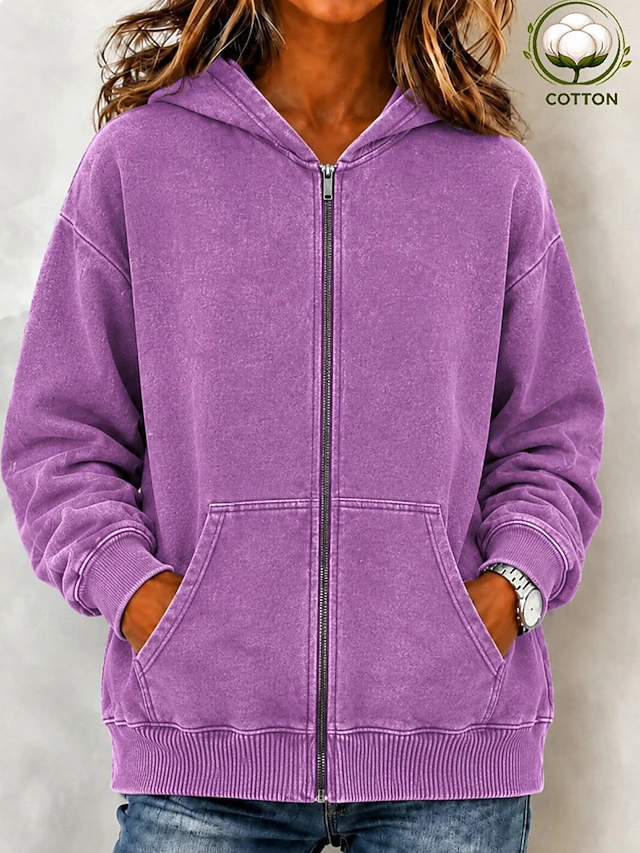 Women's Cotton Vintage wash Zip Up Hoodies Plain Active Vintage Casual Long Sleeve Hooded Regular Tops