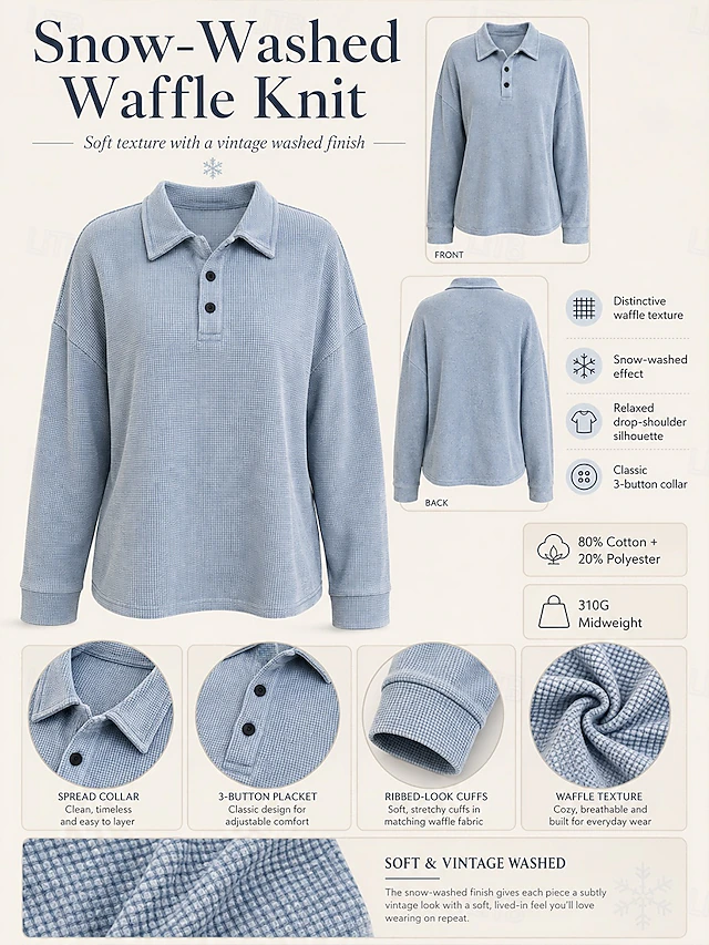 Women's Washed Cotton Waffle Polo Shirts Blouse Knit Shirts
