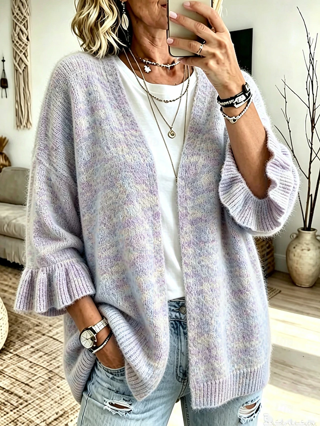 Women's Knit Cardigan Vintage Ribbed Open Front Ruffle Patchwork 3/4 Length Sleeve Regular Tops Knit Home Blue White Fall Winter
