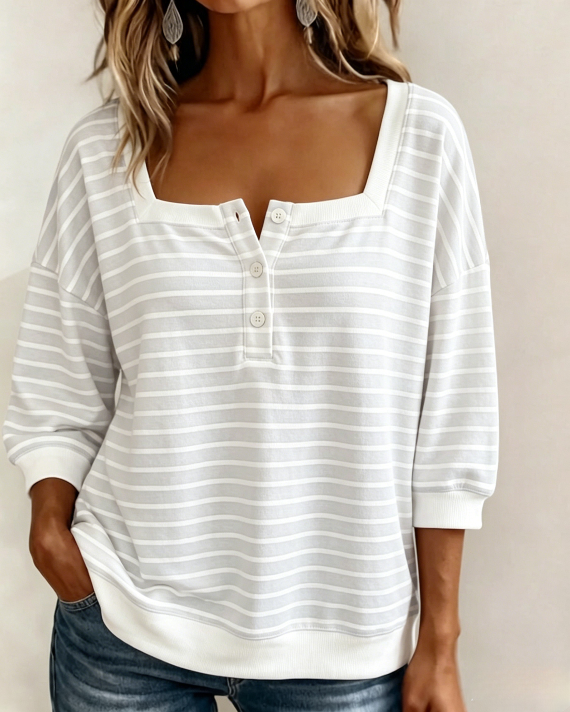 Womens Striped Square Neck Three Quarter Sleeve Henley Top