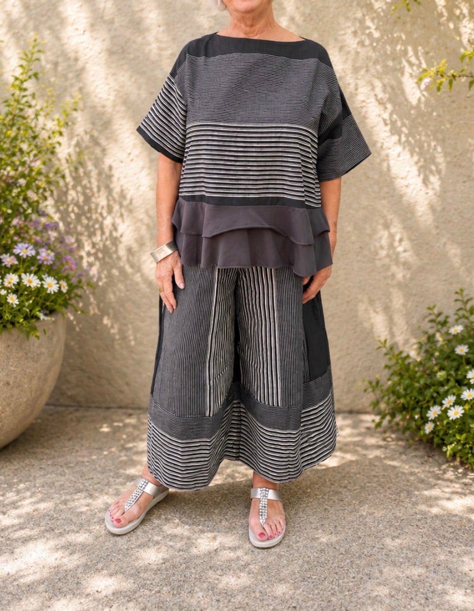 Women's Loose Casual Striped Two-Piece Set with Tiered Hem Top & Wide-Leg Pants