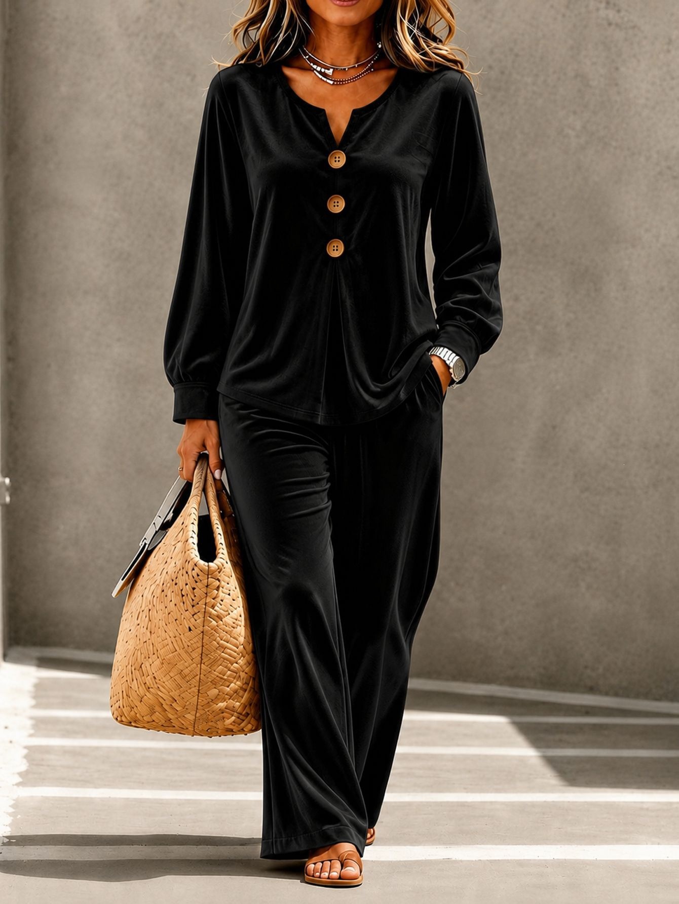 New Arrivals🔥Women Casual Velvet Two Piece Outfit Notch Neck Button Top and Wide Leg Pants Set
