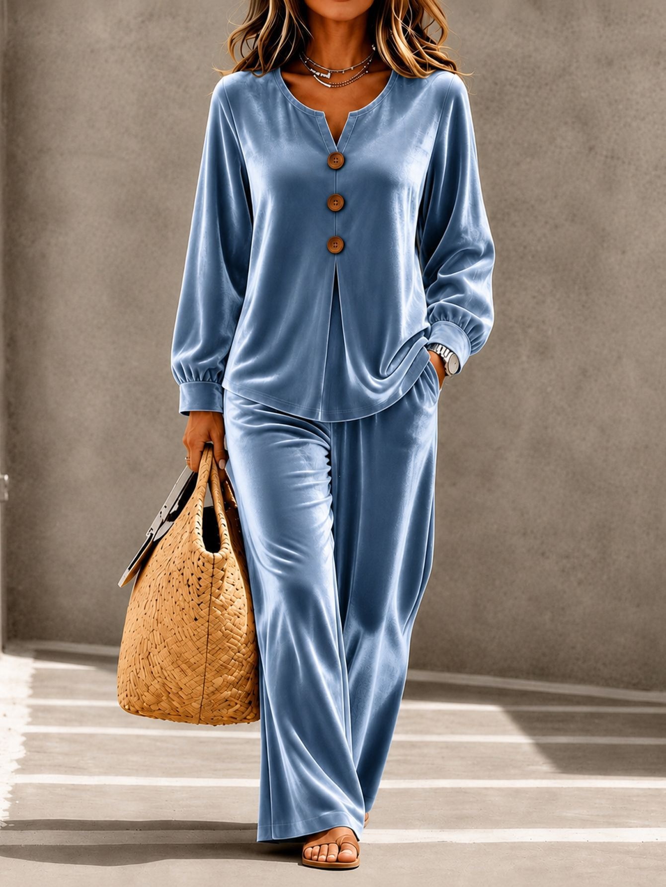 New Arrivals🔥Women Casual Velvet Two Piece Outfit Notch Neck Button Top and Wide Leg Pants Set