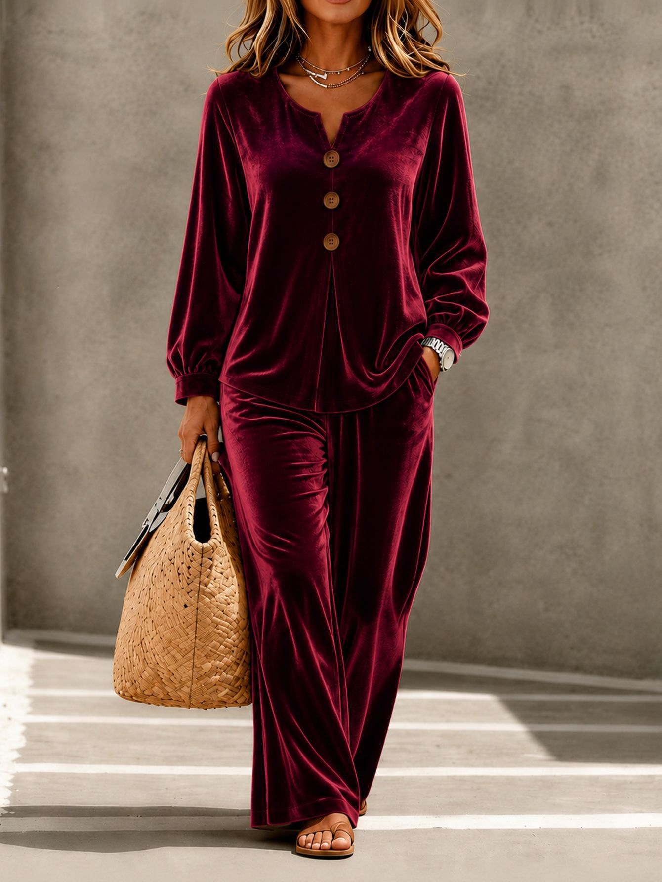 New Arrivals🔥Women Casual Velvet Two Piece Outfit Notch Neck Button Top and Wide Leg Pants Set