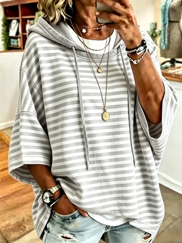 Women Striped Half Sleeve Casual Daily Hoodie