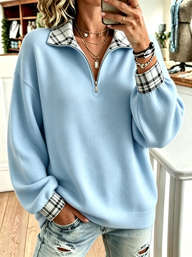 New Arrivals🔥Women Plaid Trim Quarter Zip Casual Long Sleeve Sweatshirt