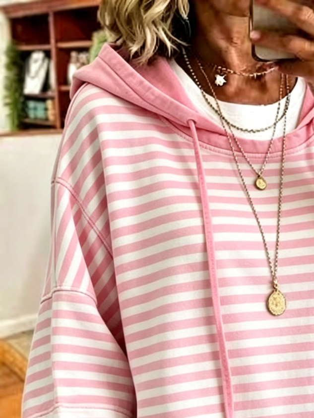 Women Striped Half Sleeve Casual Daily Hoodie