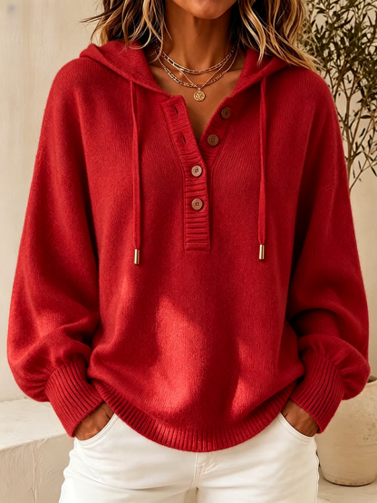 Women's Hooded Knit Sweater – Button Detail Soft Pullover Casual Jumper