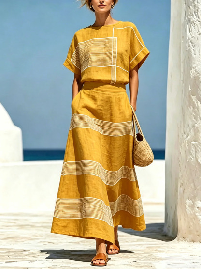 Women's Geometric Print Crew Neck Short-Sleeve Cotton-Linen Top & High-Waisted Loose-Fit A-Line Skirt Set