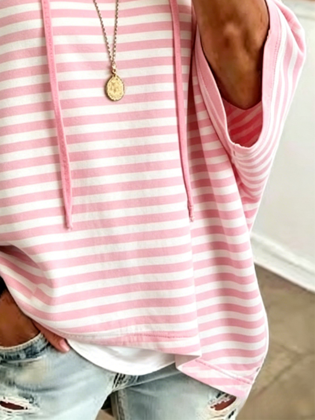 Women Striped Half Sleeve Casual Daily Hoodie